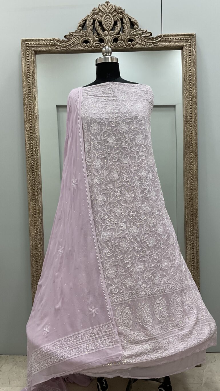 Pure Georgette Heavy Cutdana Designer Jaal Lilac