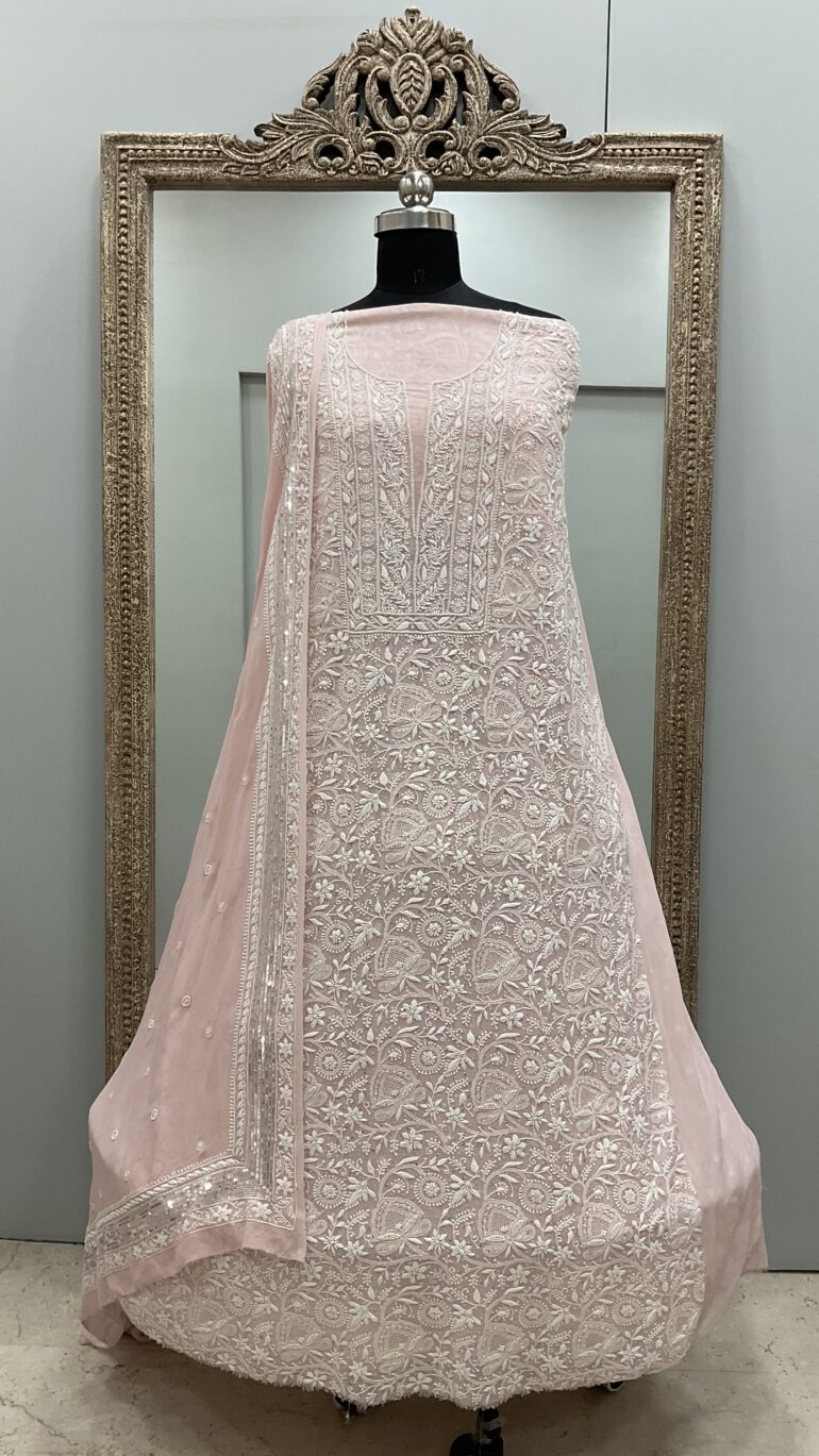 Do and Teen Taar Superfine Pure Georgette Heavy Front and Back White Sequence Peachy Pink