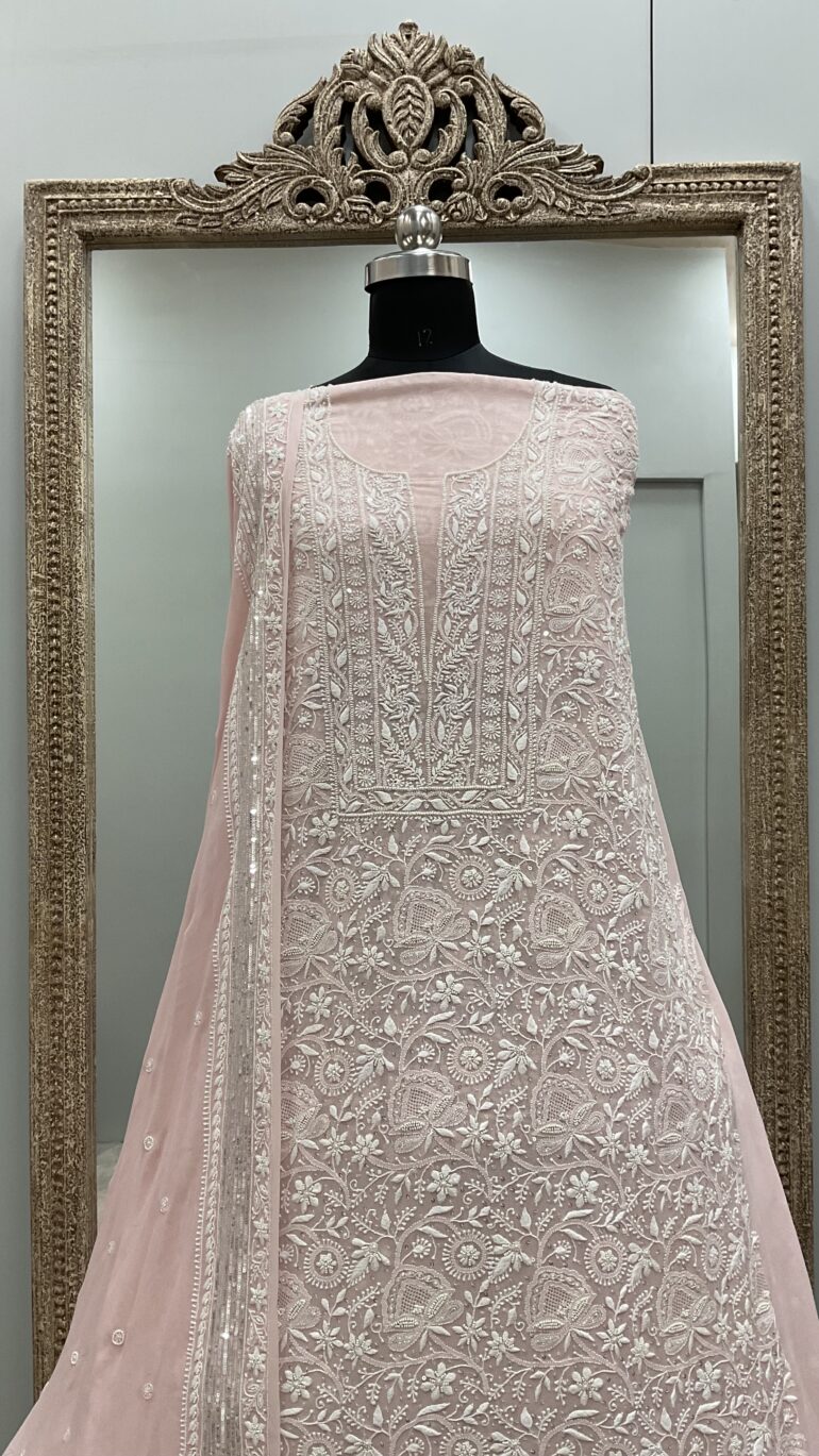 Do and Teen Taar Superfine Pure Georgette Heavy Front and Back White Sequence Peachy Pink