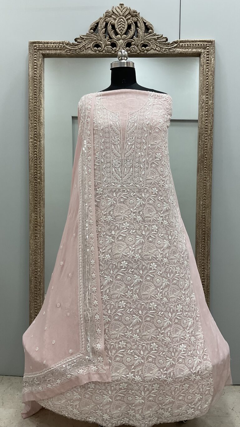 Do and Teen Taar Superfine Pure Georgette Heavy Front and Back White Sequence Peachy Pink