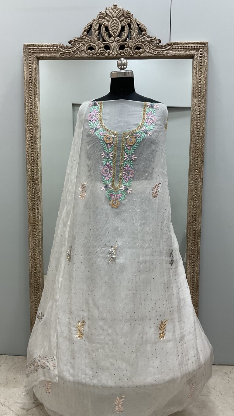 Pure Organza Straight With Heavy Mukaish And Parsi Work Off White 01