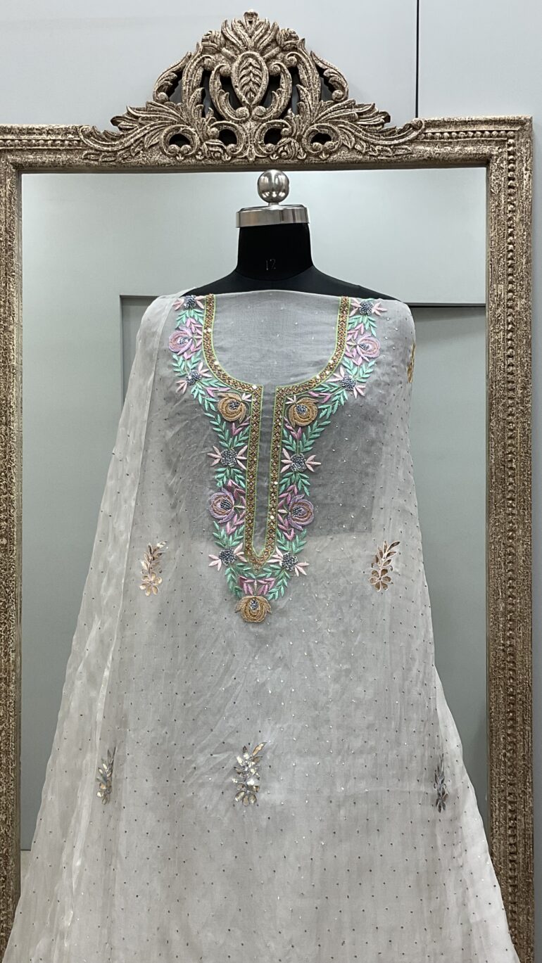 Pure Organza Straight With Heavy Mukaish And Parsi Work Off White 01