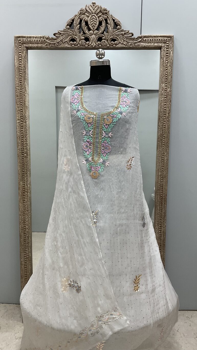 Pure Organza Straight With Heavy Mukaish And Parsi Work Off White 01