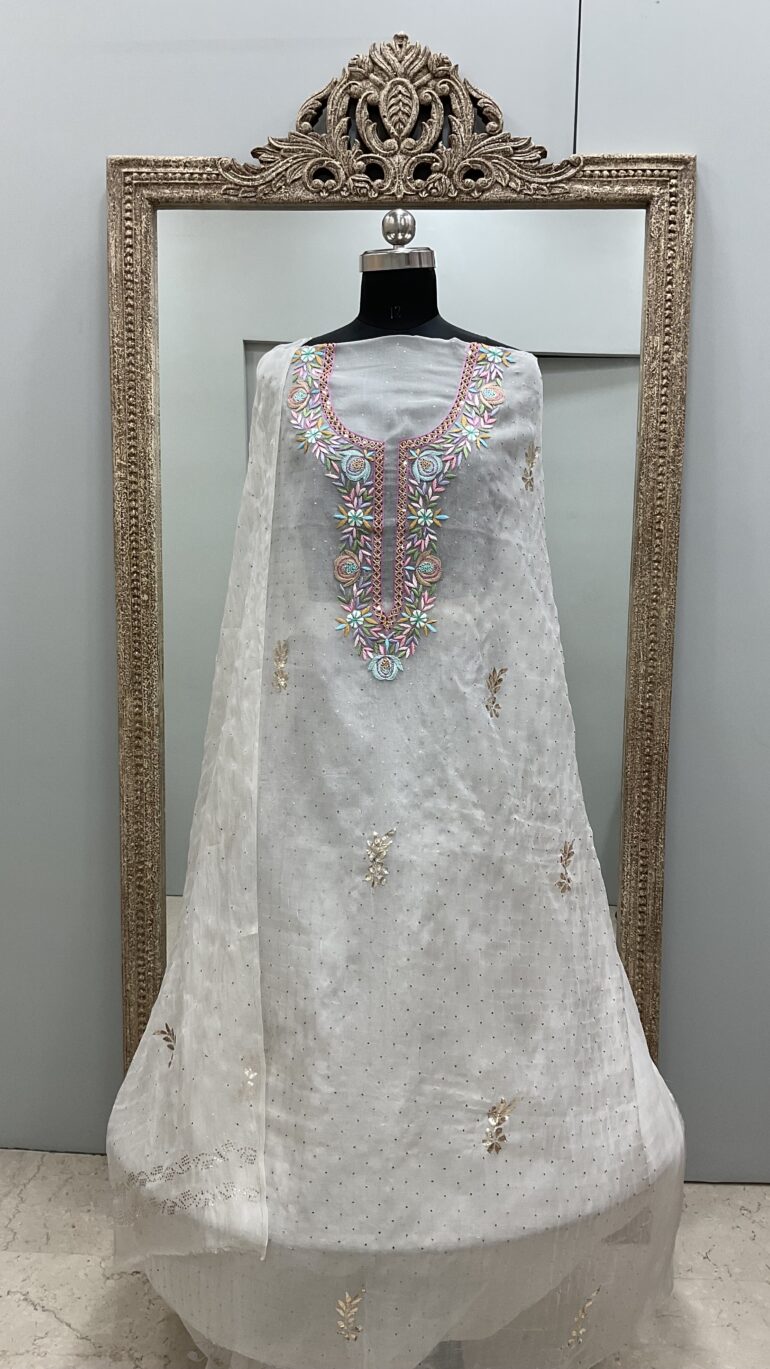 Pure Organza Straight With Heavy Mukaish And Parsi Work Off White 02
