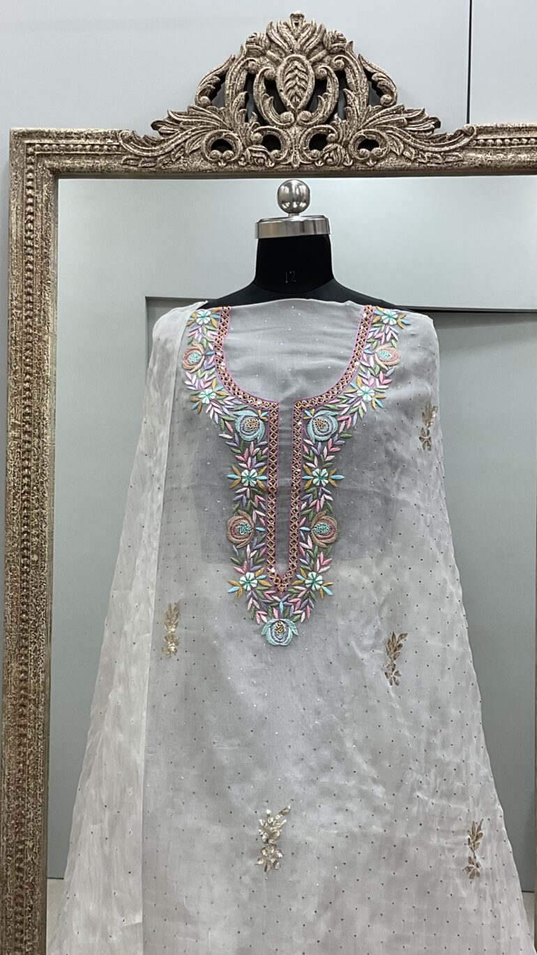 Pure Organza Straight With Heavy Mukaish And Parsi Work Off White 02