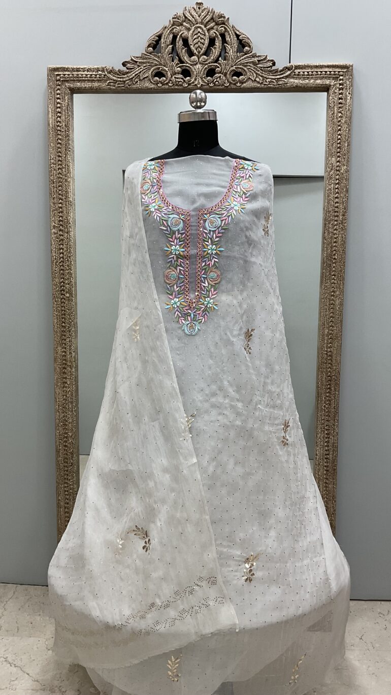 Pure Organza Straight With Heavy Mukaish And Parsi Work Off White 02