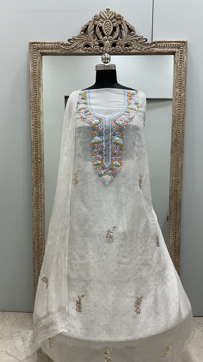 Pure Organza Straight With Heavy Mukaish And Parsi Work Off White 03