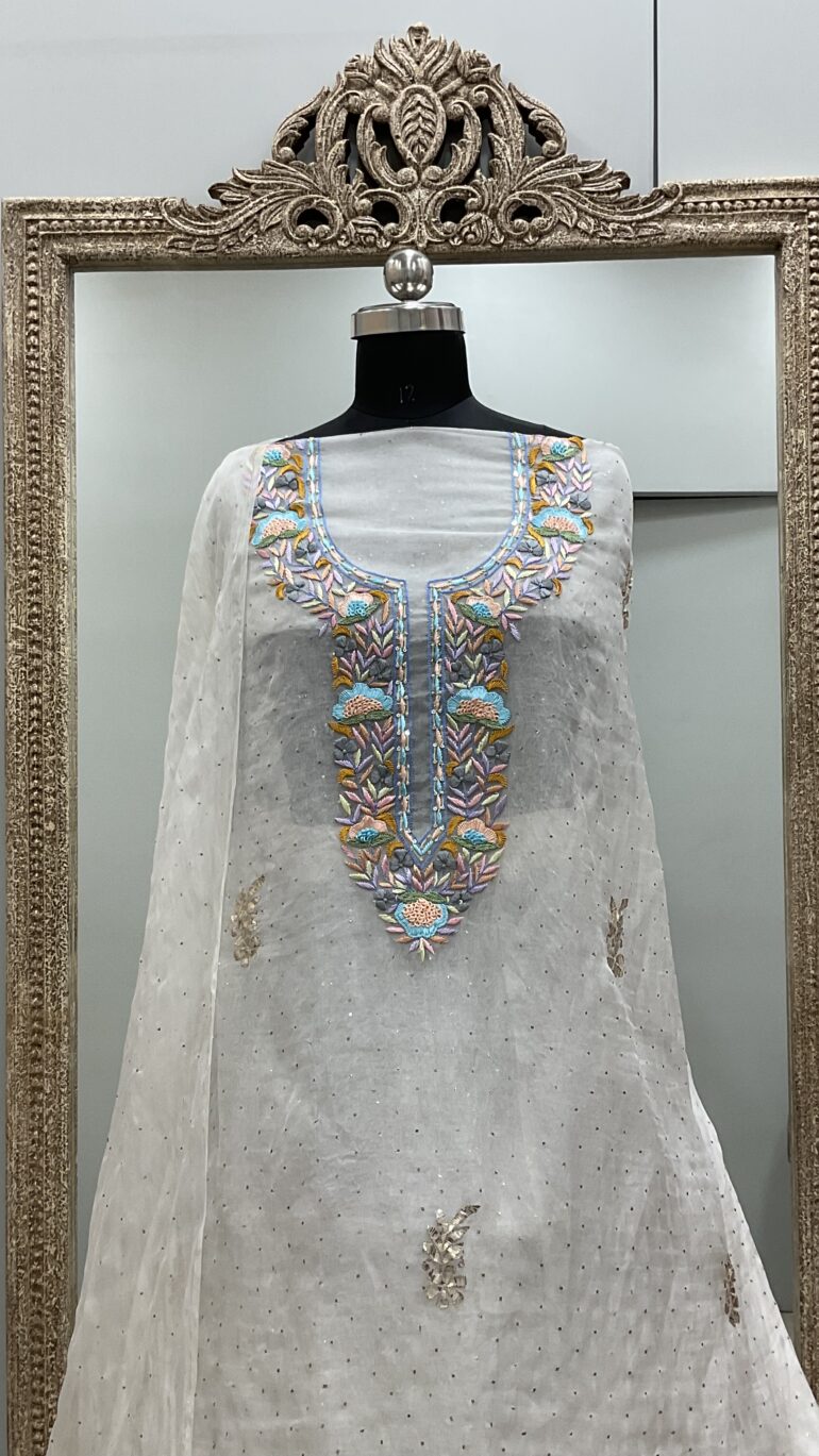 Pure Organza Straight With Heavy Mukaish And Parsi Work Off White 03