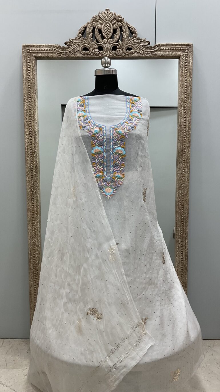 Pure Organza Straight With Heavy Mukaish And Parsi Work Off White 03