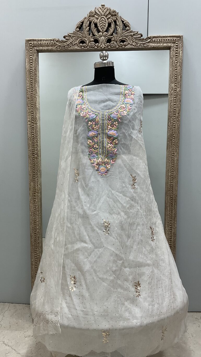 Pure Organza Straight With Heavy Mukaish And Parsi Work Off White 04