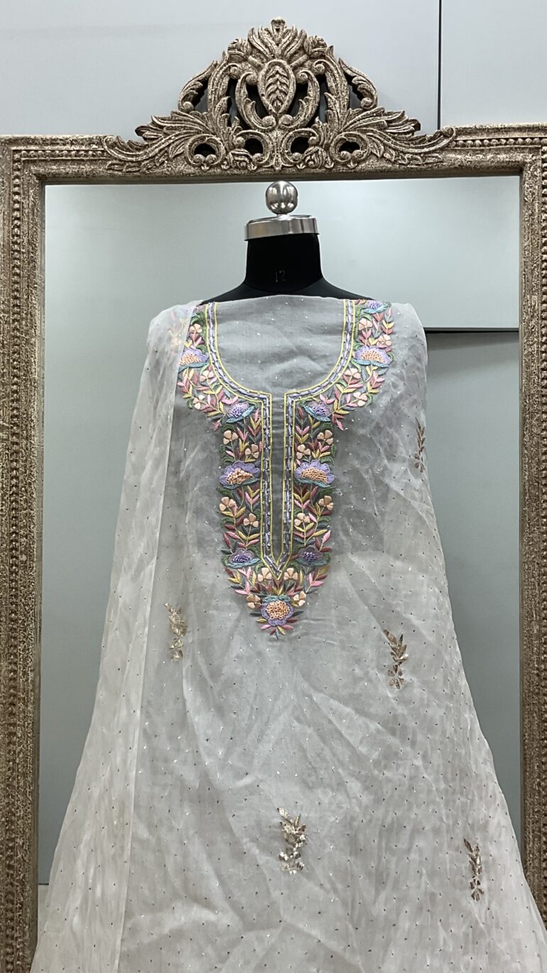 Pure Organza Straight With Heavy Mukaish And Parsi Work Off White 04