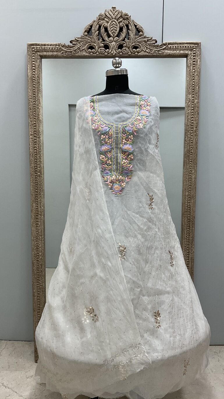 Pure Organza Straight With Heavy Mukaish And Parsi Work Off White 04