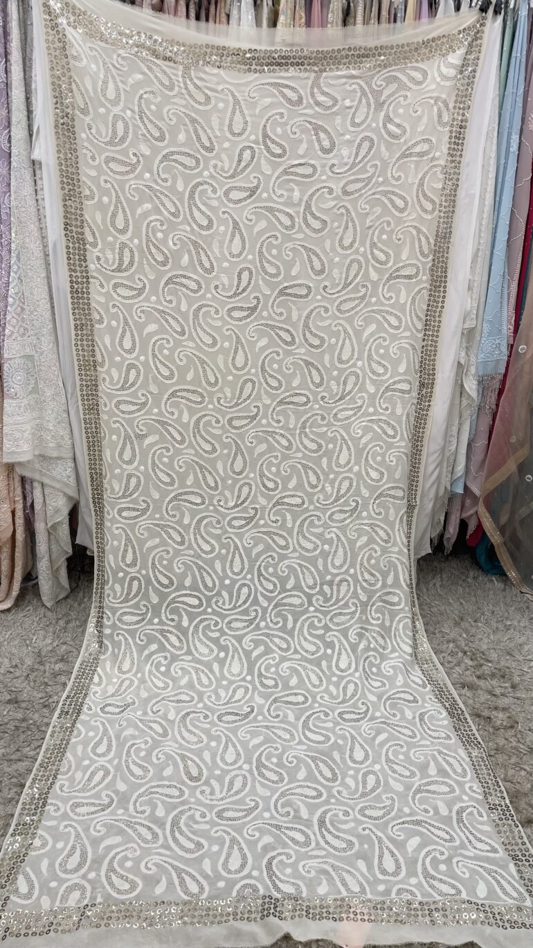 Ring Mukaish Pearl and Heavy Sequence Designer Dupatta Off White