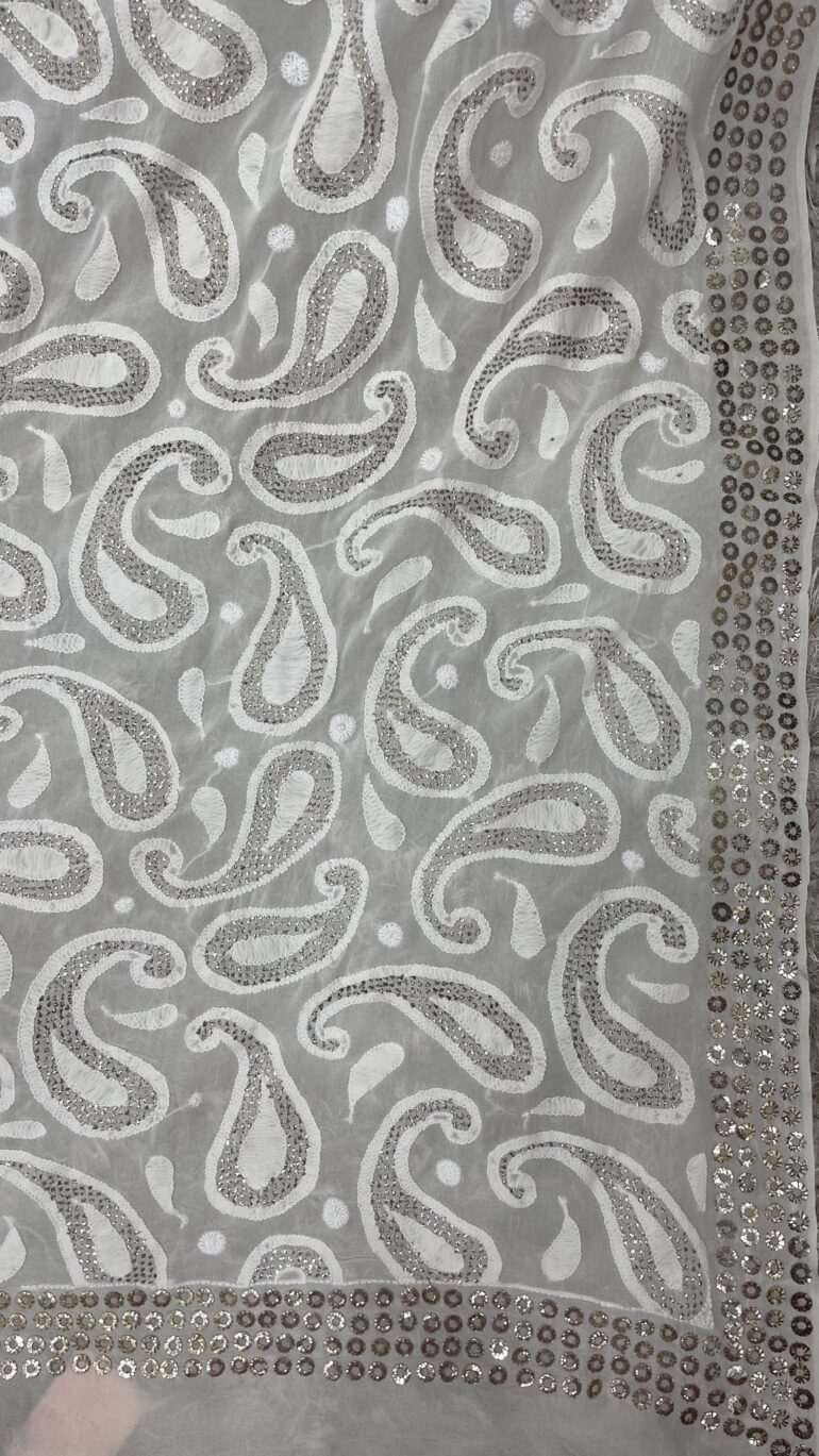 Ring Mukaish Pearl and Heavy Sequence Designer Dupatta Off White