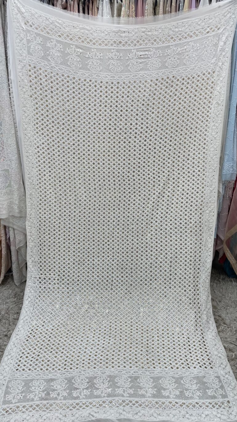 Pure Georgette Heavy Mukaish Designer Dupatta Off White 09
