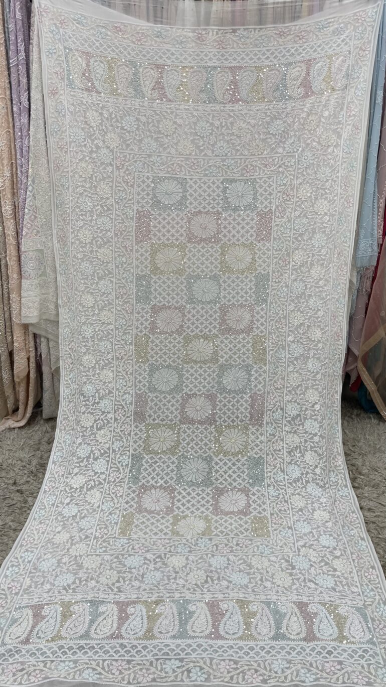 Heavy Designer Multicolored Cutdana Dupatta Off White 12
