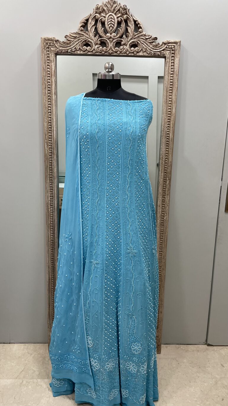 Georgette Anarkali Heavy Pearl and Cutdana Sky Blue (G.K)