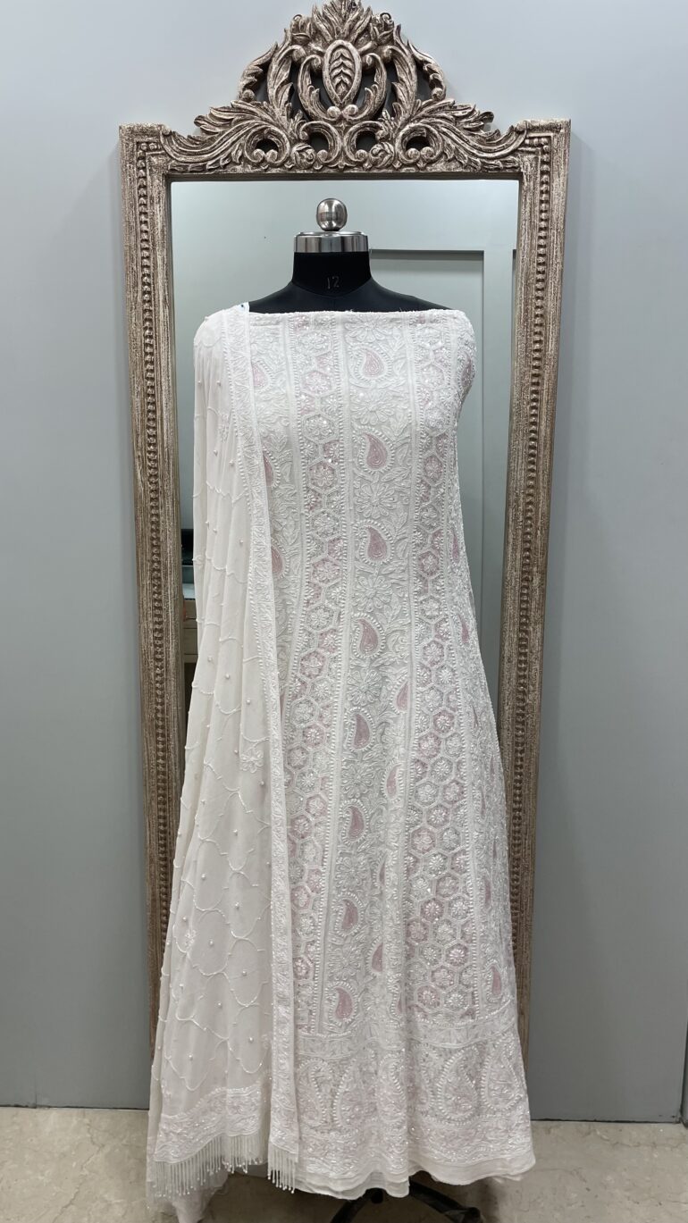 Pure Georgette Anarkali Heavy White Pearl, Multiolored Cutdana and Sequence White (G.K)