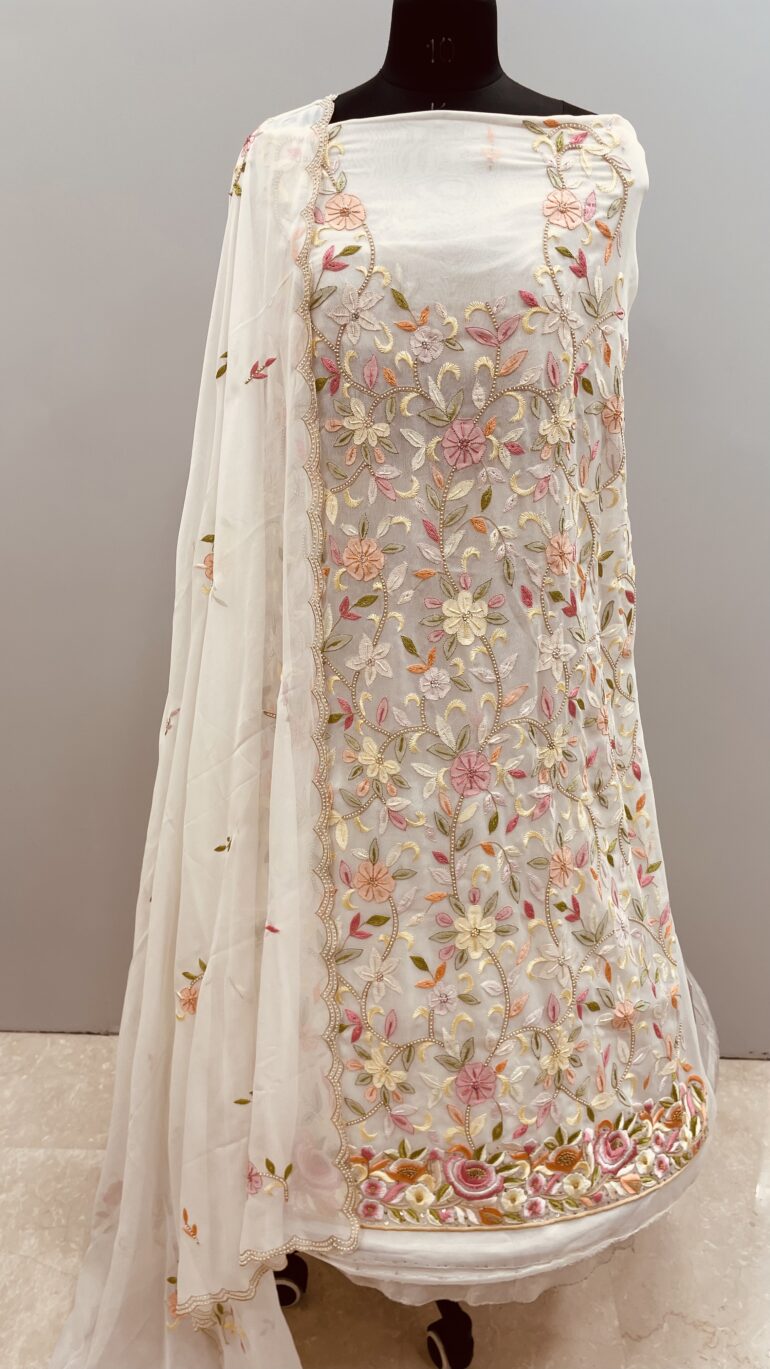 Superfine Pure Georgette Multocolored Parsi White