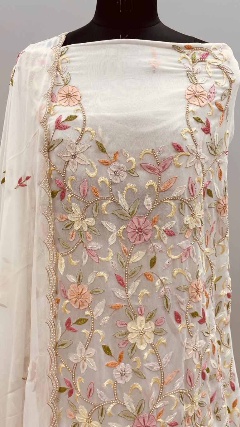 Superfine Pure Georgette Multocolored Parsi White