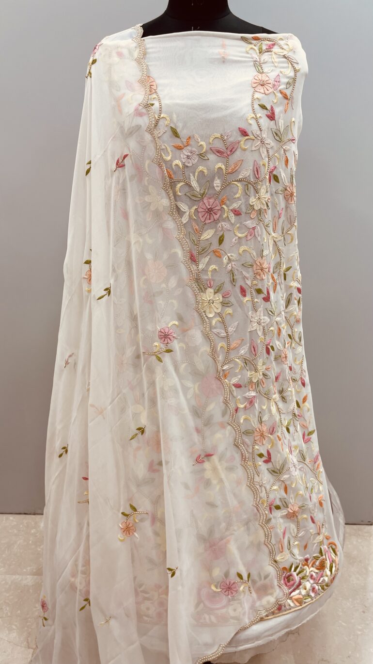 Superfine Pure Georgette Multocolored Parsi White