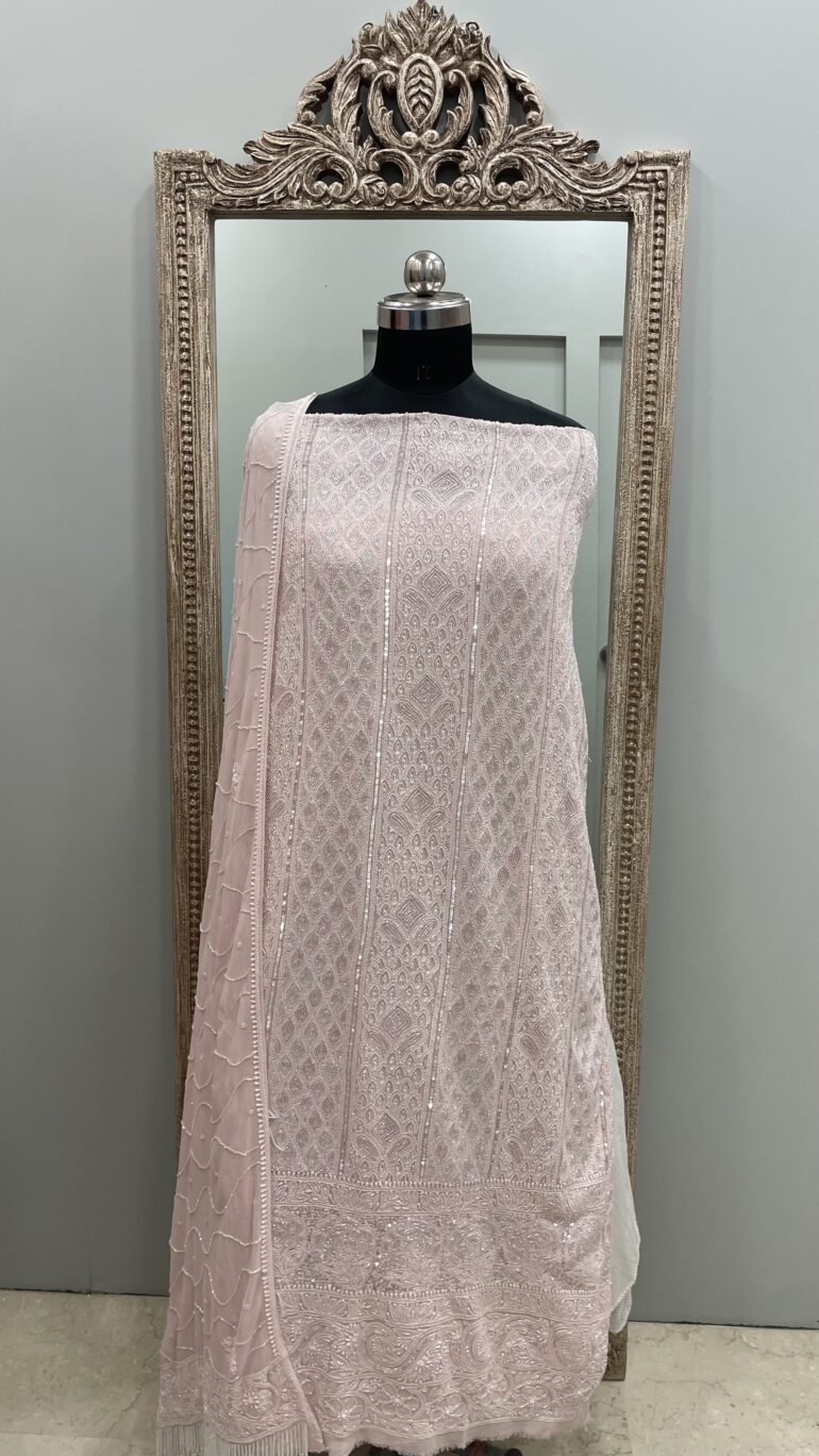 Pure Georgette Heavy Pearl Cutdana and Sequence Designer Onion Pink