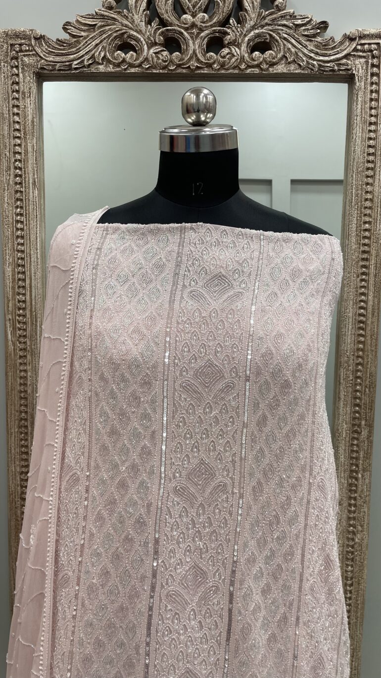 Pure Georgette Heavy Pearl Cutdana and Sequence Designer Onion Pink