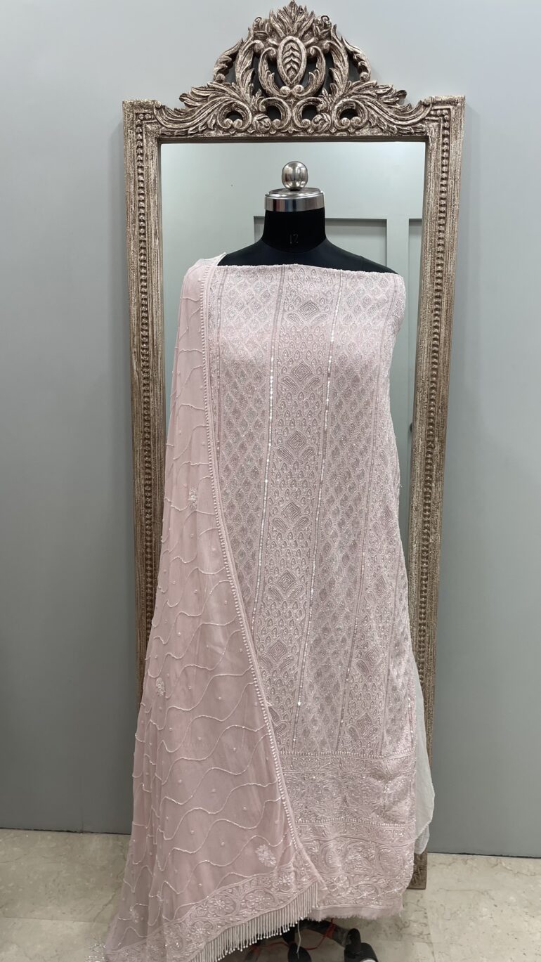 Pure Georgette Heavy Pearl Cutdana and Sequence Designer Onion Pink