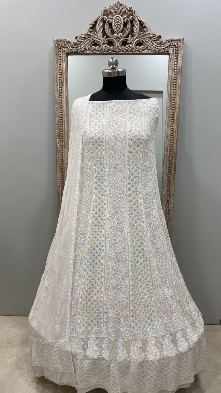 Pure Georgette Anarkali Heavy White Pearl, Multiolored Cutdana and Sequence White