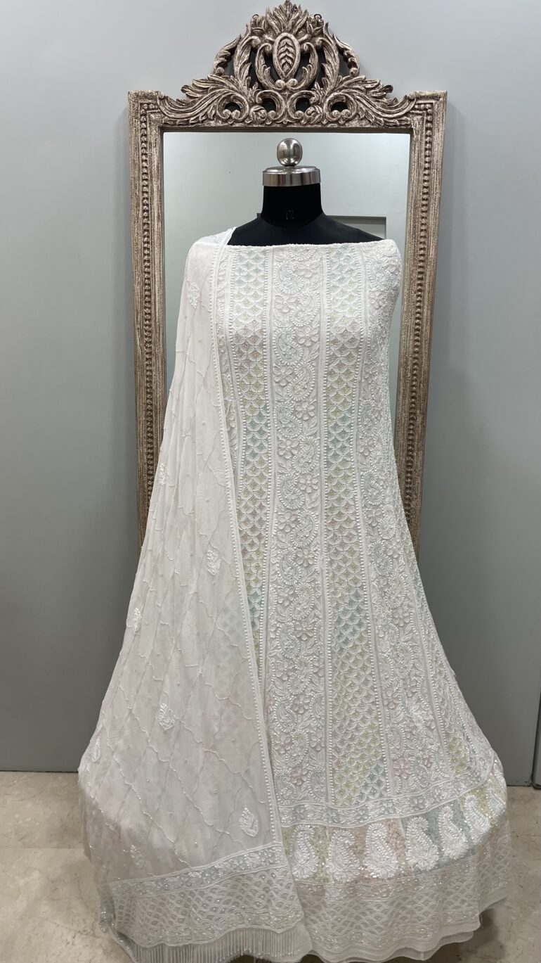 Pure Georgette Anarkali Heavy White Pearl, Multiolored Cutdana and Sequence White