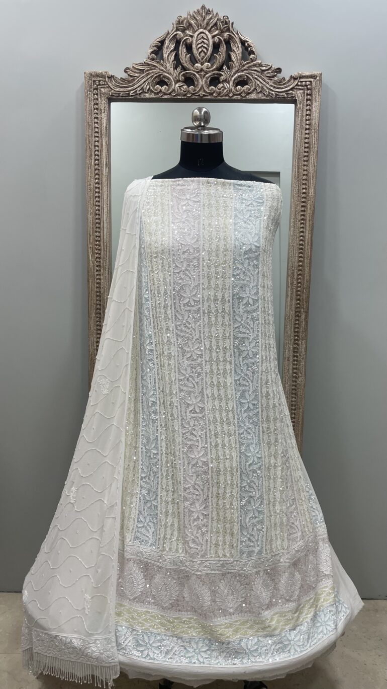 Pure Georgette Heavy Pearl Cutdana and Sequence Designer White 02