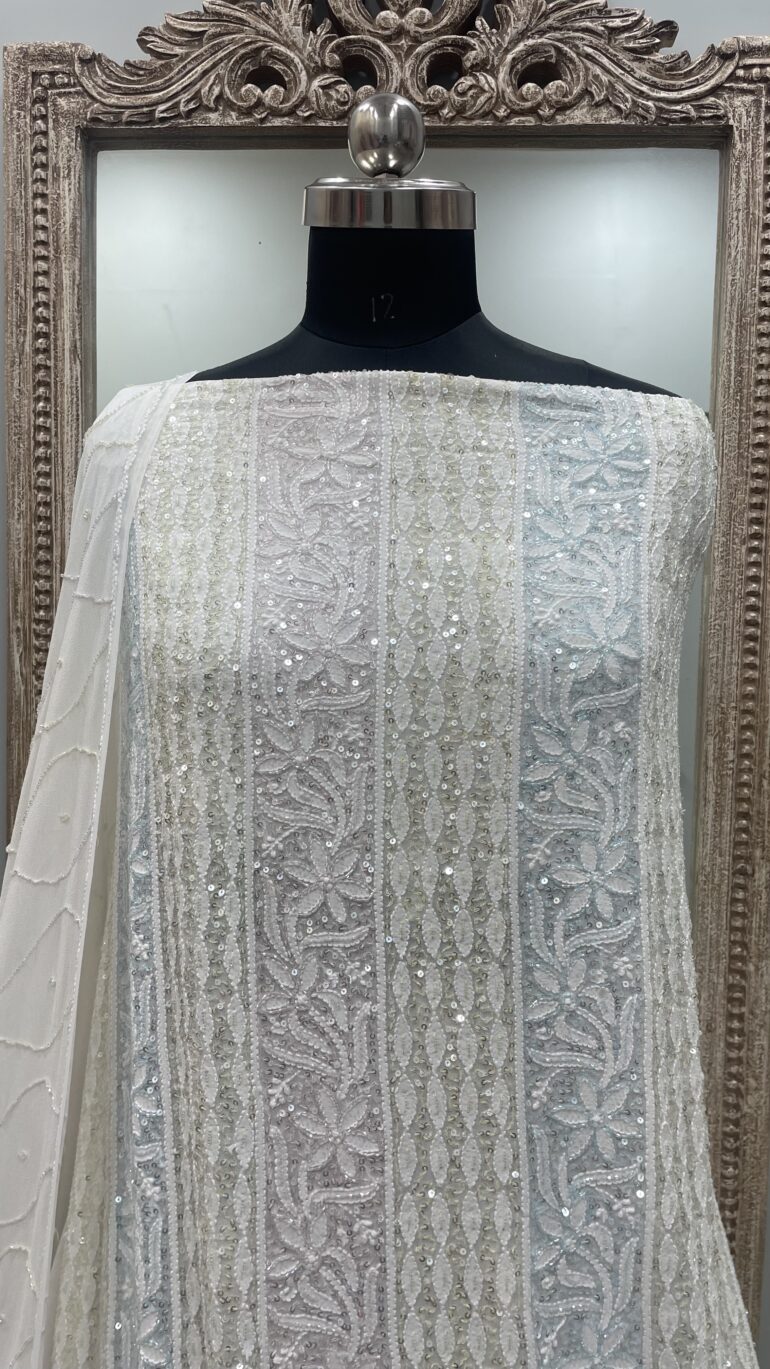 Pure Georgette Heavy Pearl Cutdana and Sequence Designer White 02