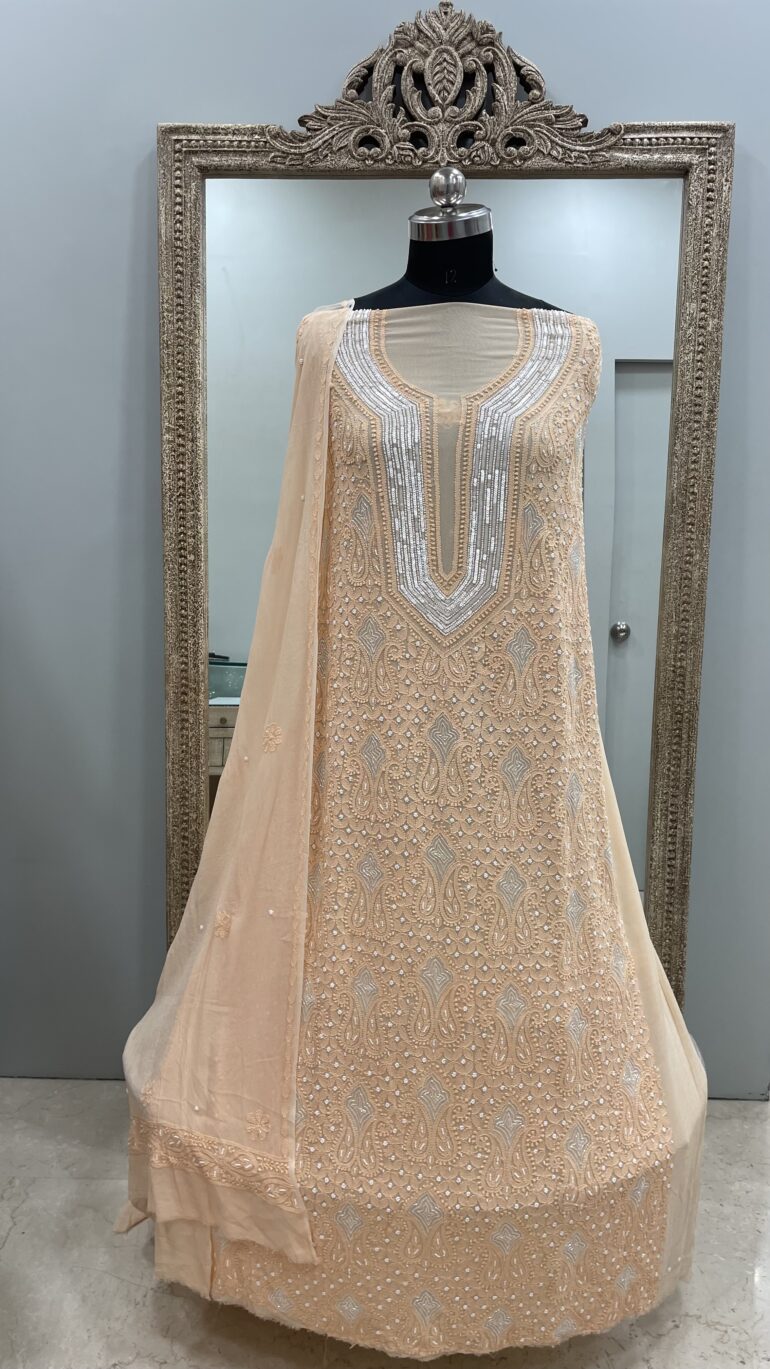 Pearl Gala Georgette Straight Pearl Cutdana and Sequence Peach