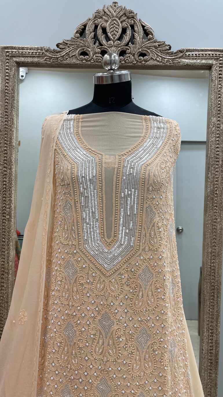Pearl Gala Georgette Straight Pearl Cutdana and Sequence Peach