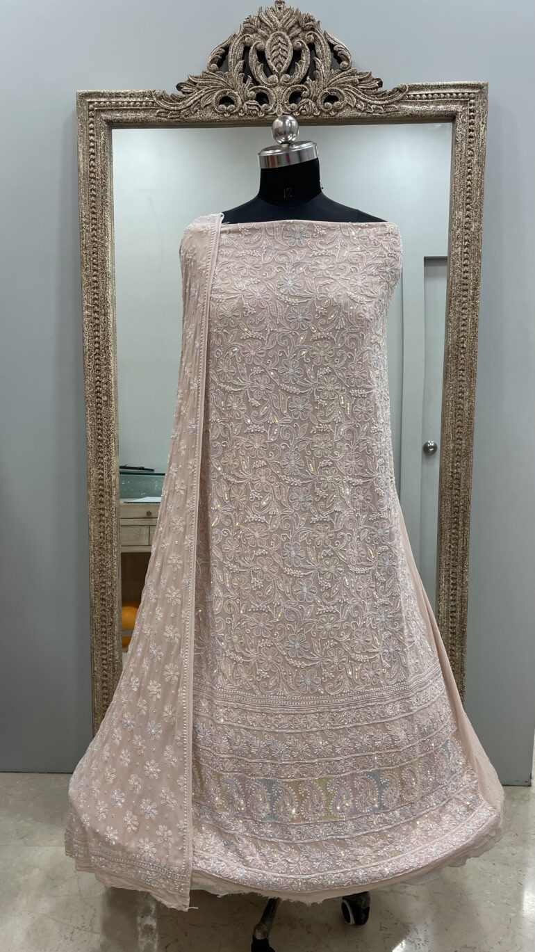 Teen Taar Pure Georgette Heavy White Pearl and Cutdana Designer Beige