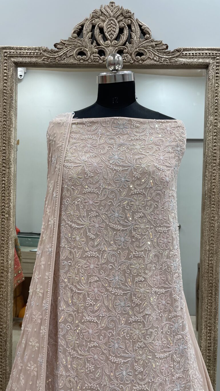 Teen Taar Pure Georgette Heavy White Pearl and Cutdana Designer Beige