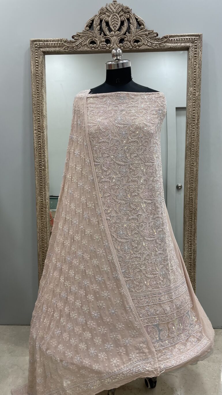 Teen Taar Pure Georgette Heavy White Pearl and Cutdana Designer Beige