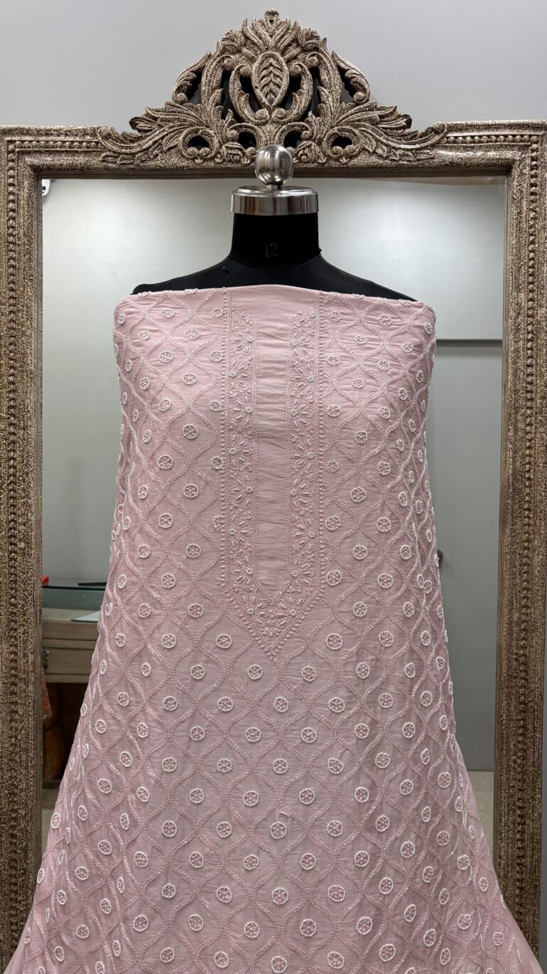 Gents Kurta Pure Chanderi Front Jaal Heavy Cutdana and Pearl Peach