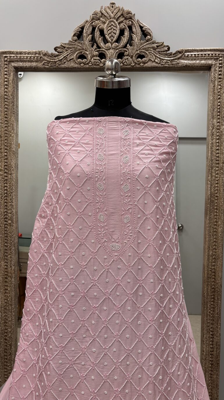 Gents Kurta Pure Chanderi Front Jaal Heavy Cutdana and Pearl Pink