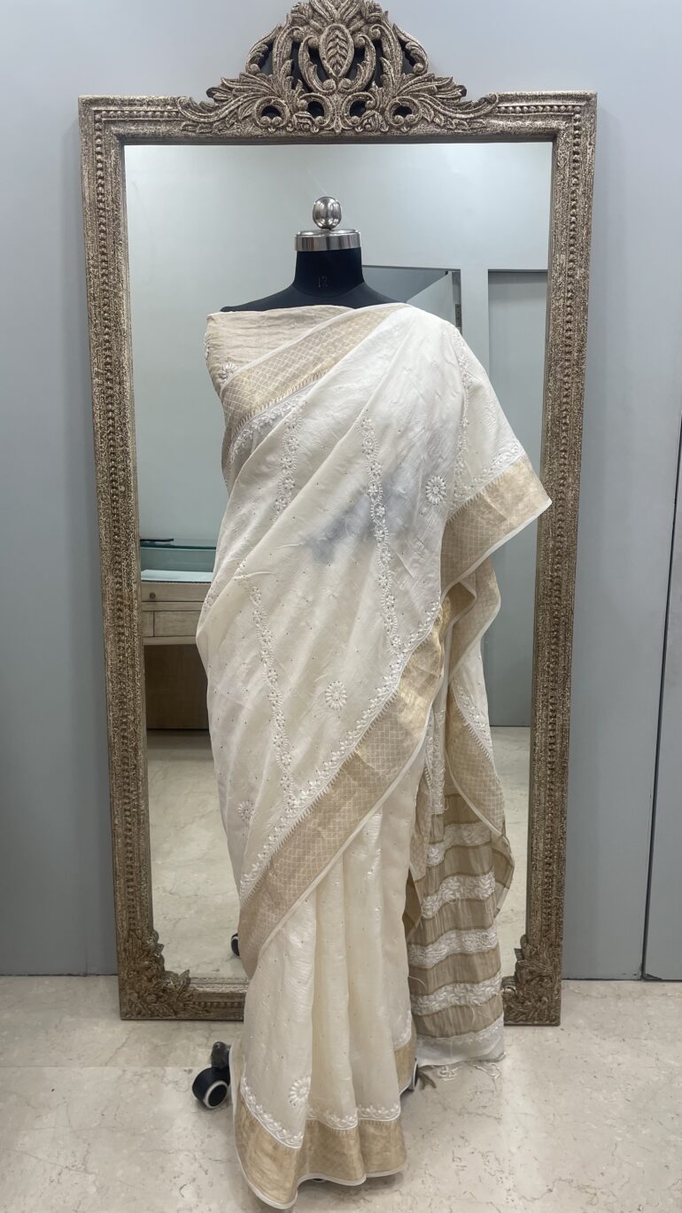 Pure Tassar Silk Saree With Chikan Mukaish Work Golden 01