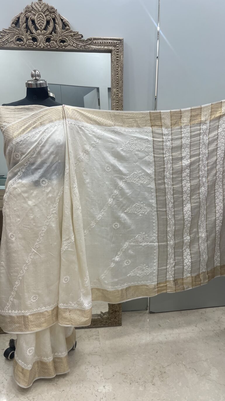 Pure Tassar Silk Saree With Chikan Mukaish Work Golden 01