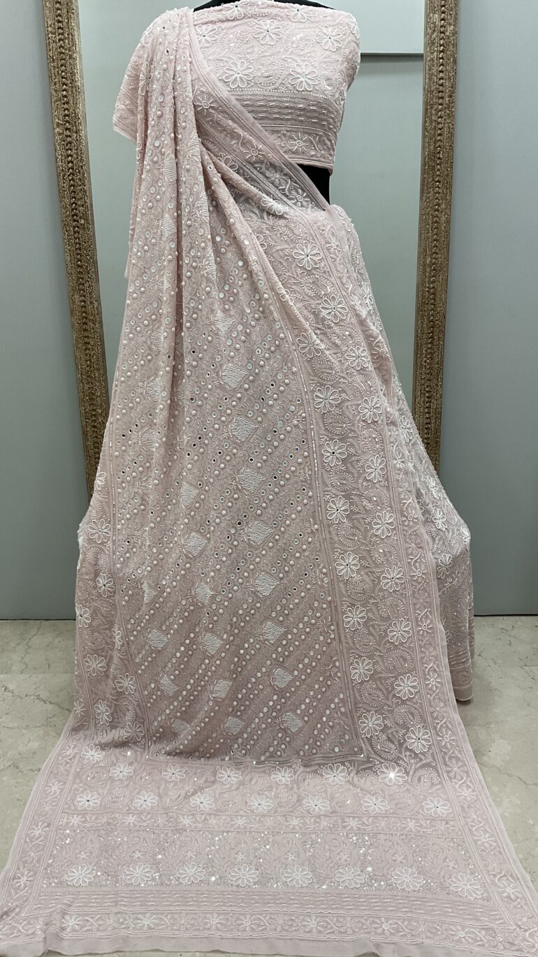 Pure Georgette Heavy Multicolored Cutdana Pearl and Sequence Peachy Pink