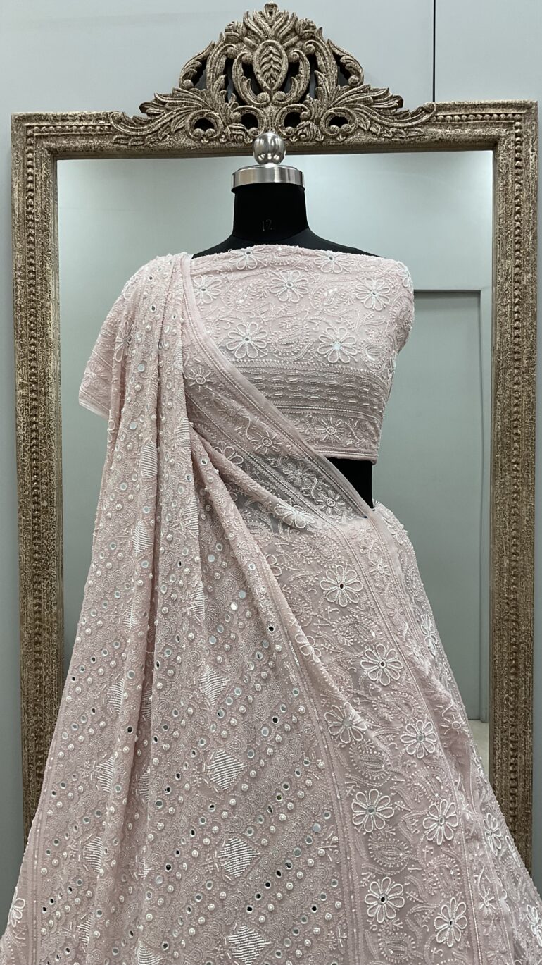 Pure Georgette Heavy Multicolored Cutdana Pearl and Sequence Peachy Pink