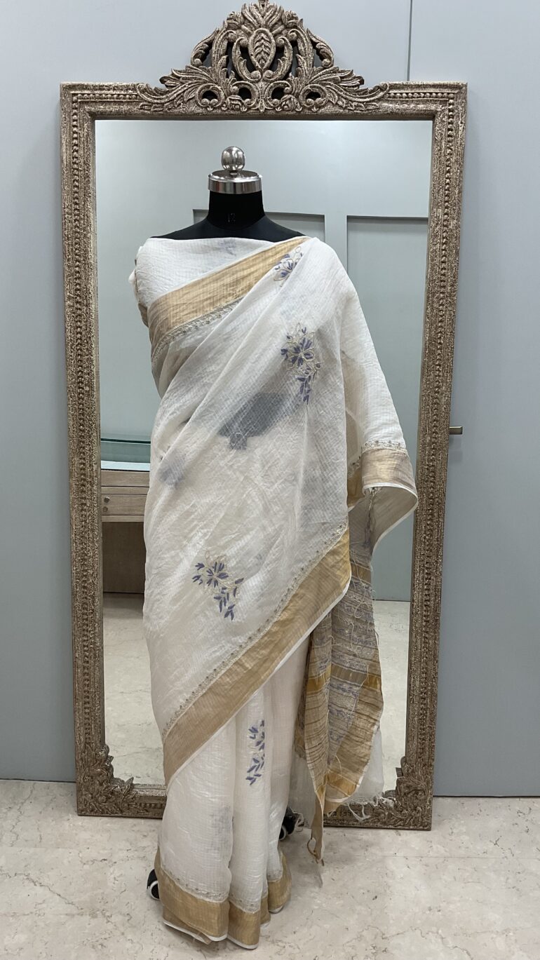 Pure Kota Tissue Saree With Chikan Work Golden 04