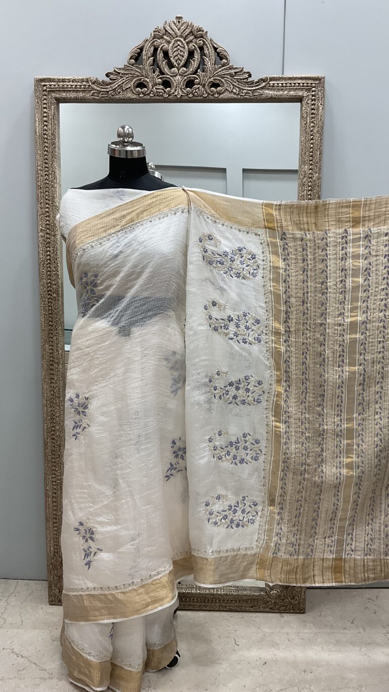 Pure Kota Tissue Saree With Chikan Work Golden 04