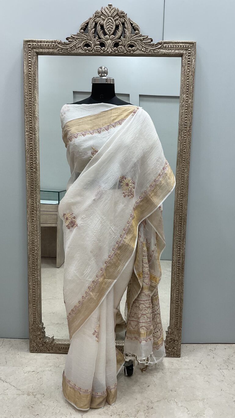 Pure Kota Tissue Saree With Chikan Work Golden 05