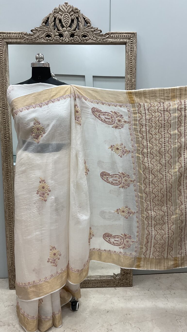 Pure Kota Tissue Saree With Chikan Work Golden 05