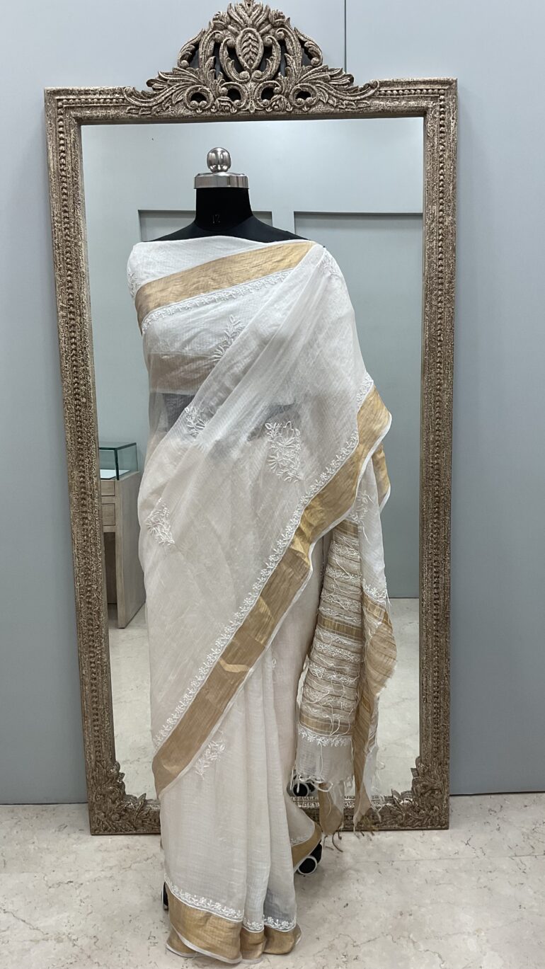 Pure Kota Tissue Saree With Chikan Work Golden 06