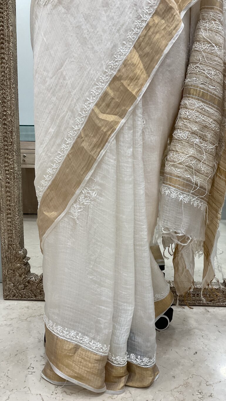 Pure Kota Tissue Saree With Chikan Work Golden 06