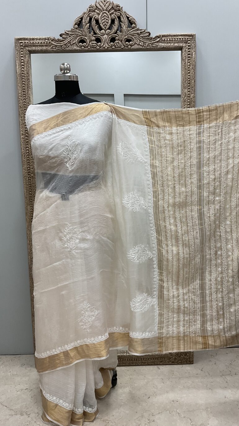 Pure Kota Tissue Saree With Chikan Work Golden 06